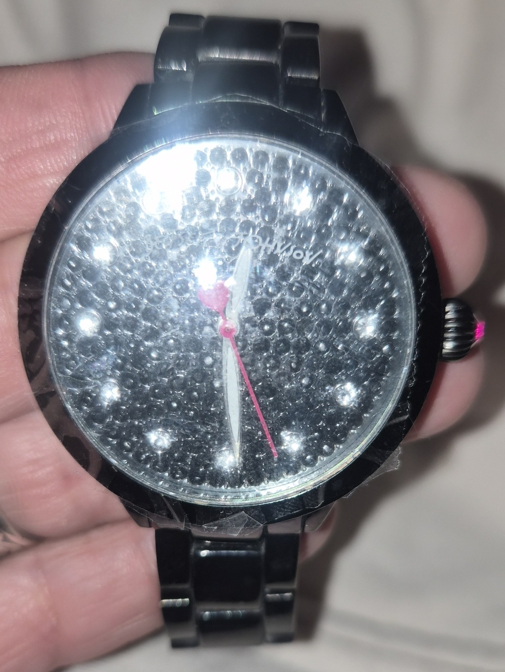 Betsey Johnson Black Crystal Dial Watch with Pink Accents